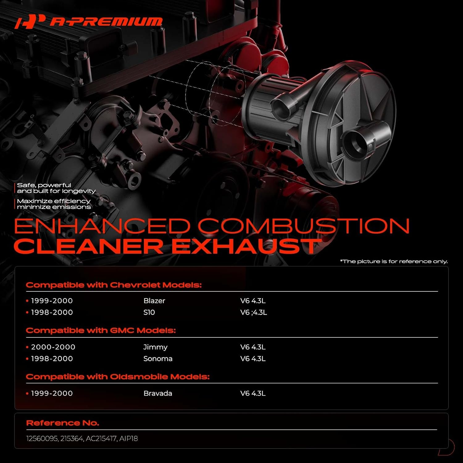 A-Premium Secondary Air Injection Smog Pump Compatible with Chevrolet Blazer 1999-2000, S10 1998-2000 & GMC Jimmy 2000, Sonoma 1998-2000 & Oldsmobile Bravada 1999-2000, 4.3L