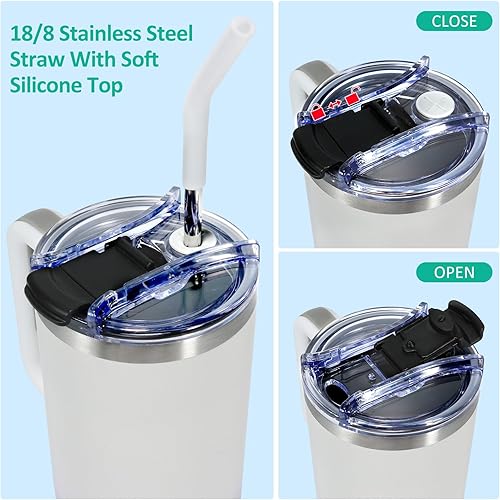 Miniatura 4 de FUNUS Vaso aislado de 40 onzas con asa y tapa con pajilla, vaso 3.0 a prueba de fugas, taza de café de viaje de acero inoxidable  Taza aislada al
