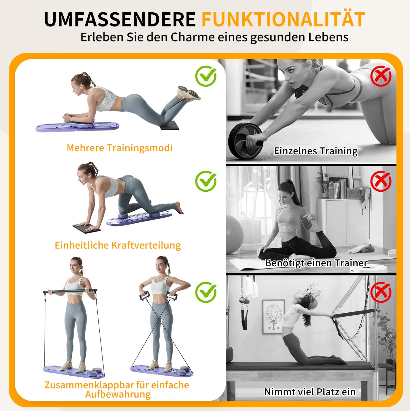 Pilates Board - Pilates Reformer Set, 6 in 1 Pilates Boards für das Training zu Hause, tragbare und Faltbare Pilates Reformers Maschine, multifunktionales Pilates Board für Frauen