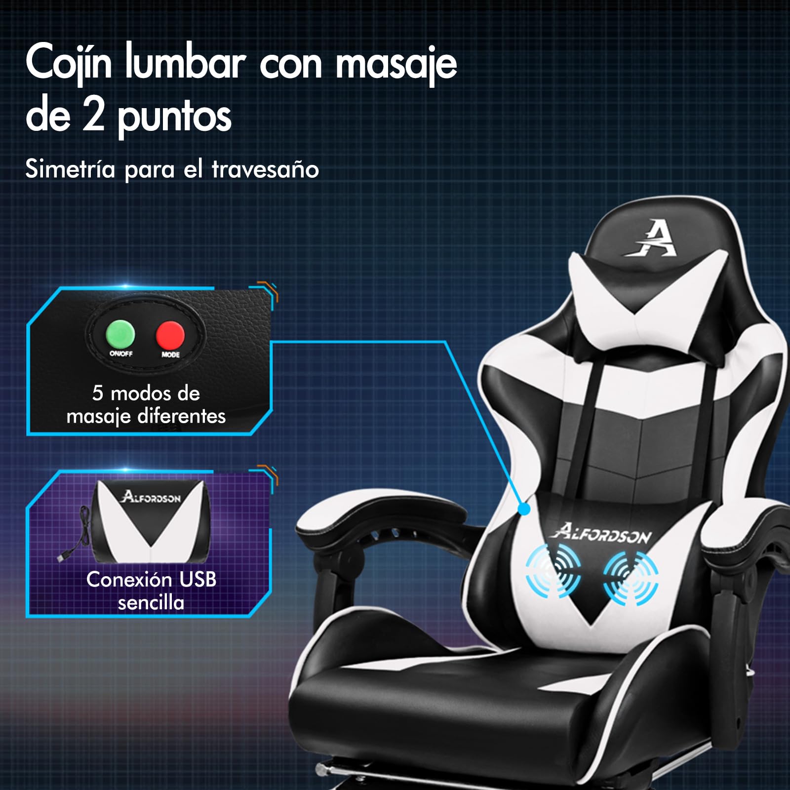 ALFORDSON Silla Gaming Escritorio con Masajeador, Silla Gamer Ergonómica Cojín Lumbar y Cervical, Reposapiés Retráctil, Ruedas Giratorias 360°, para Oficina, Videojuego, Ordenador, Cuero PU(Blanca)