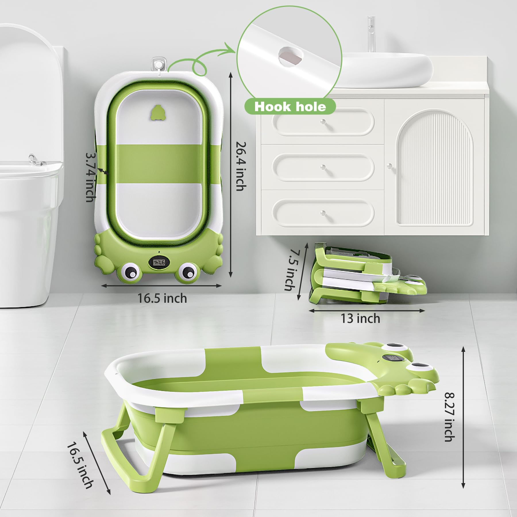 Bañera plegable para recién nacidos con termómetro y cojín flotante suave, portátil y plegable, bañera de viaje para bebés y niños pequeños de 0 a 36 meses (verde)