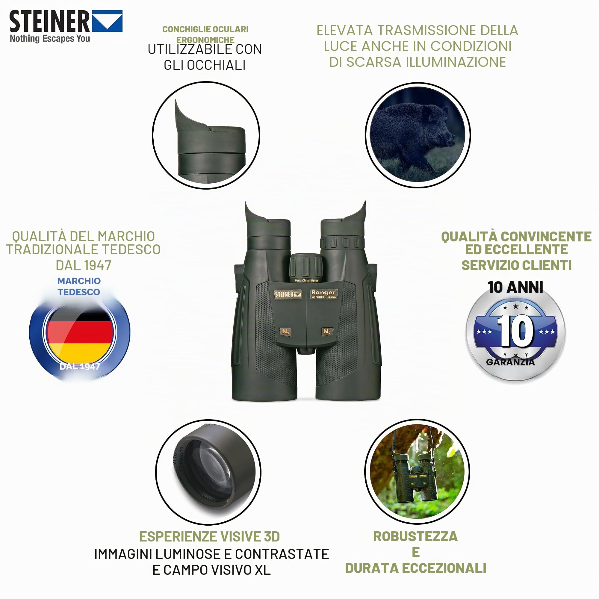STEINER Binocolo da caccia Ranger Xtreme 8x56 - Ottica di qualità tedesca, dettagli nitidi, elevata trasmissione della luce (92%+) anche in condizioni di scarsa illuminazione