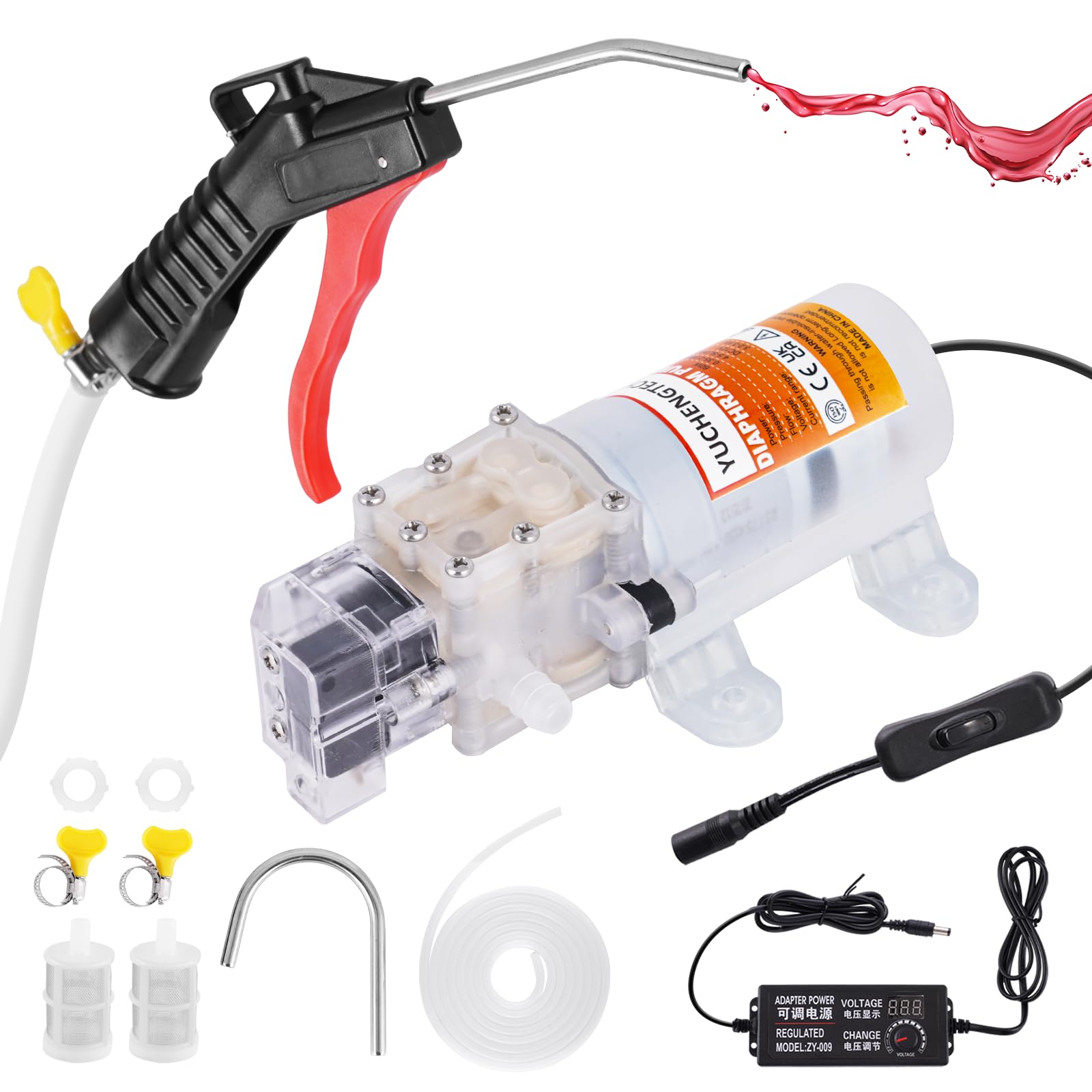 YUCHENGTECH Weinpumpe Elektrisch Bier Pumpe mit Durchflusskontrolle und Start-Stopp-Automatik Inklusive Flüssigkeitsfüllpistole 4m Schlauch und 2 Filtern zum Pumpen von Wein Bier