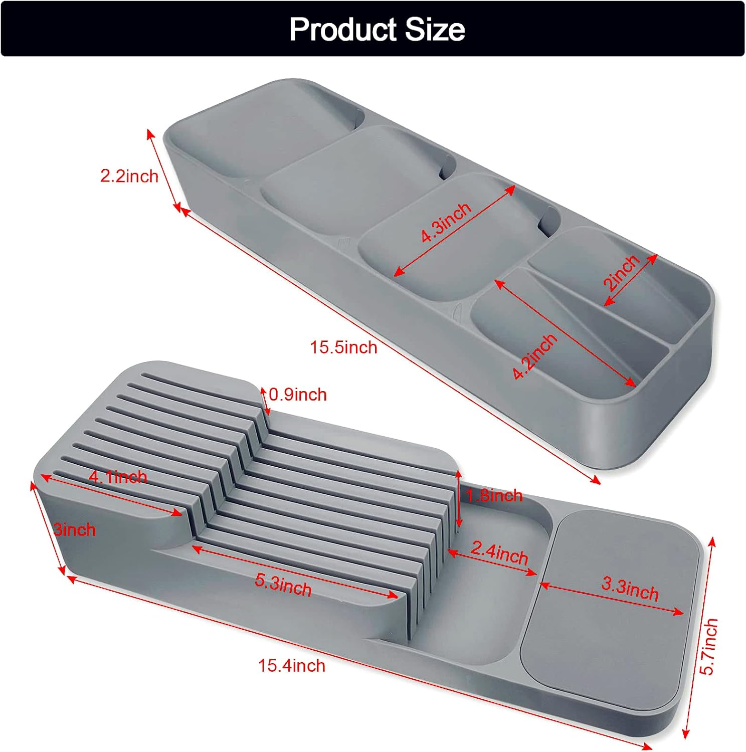CHLORANTHUS 2 PCS Silverware Organizer - Kitchen Utensil Drawer Organizer Tray for Cutlery Flatware and Knives Storage - Home Dinner Organization for Fork Knife and Spoon Holder Grey