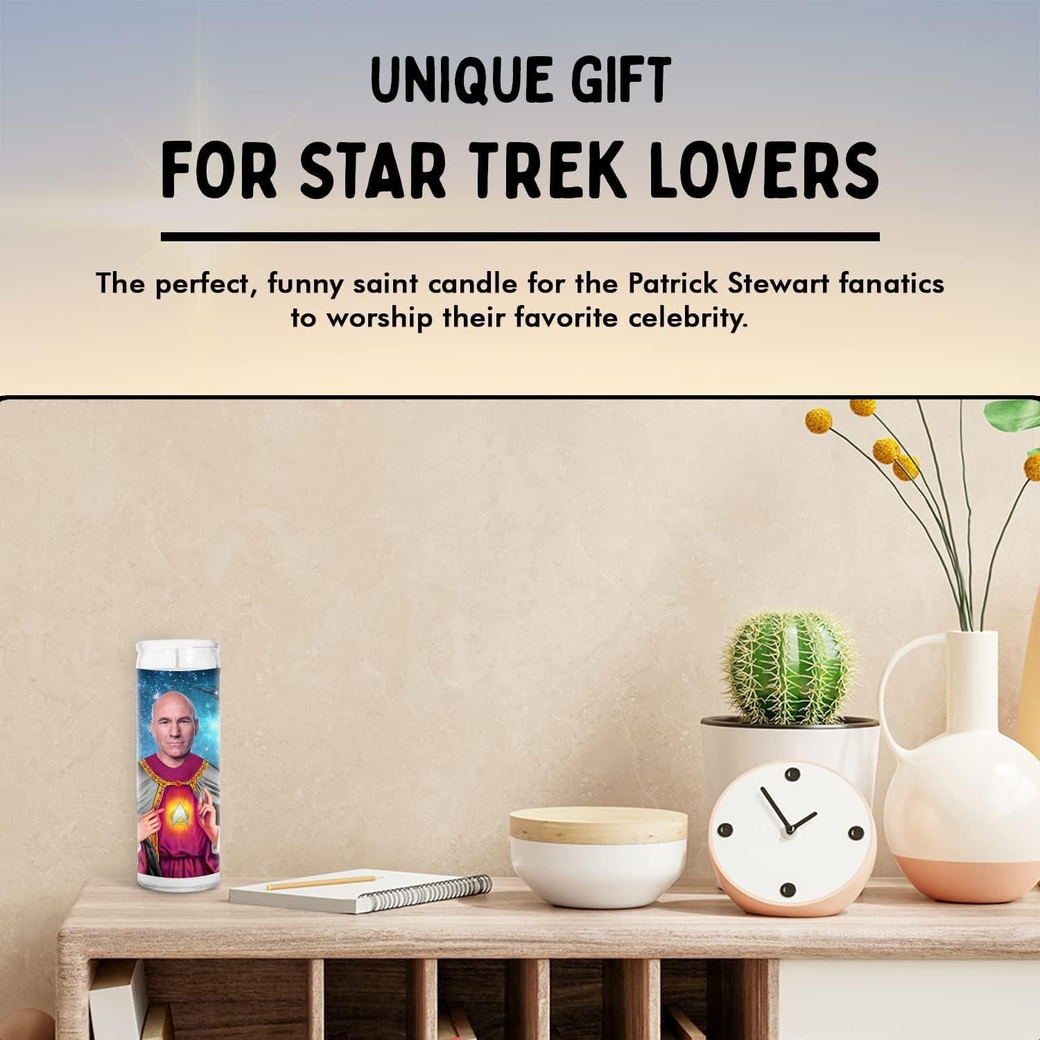 Patrick Stewart Celebrity Glass Jar Candle – Captian Jean Luc Picard Votive Candle – Unique Gift for Star Trek Fans Lovers – Home Decor Collectible for Living Room & Office