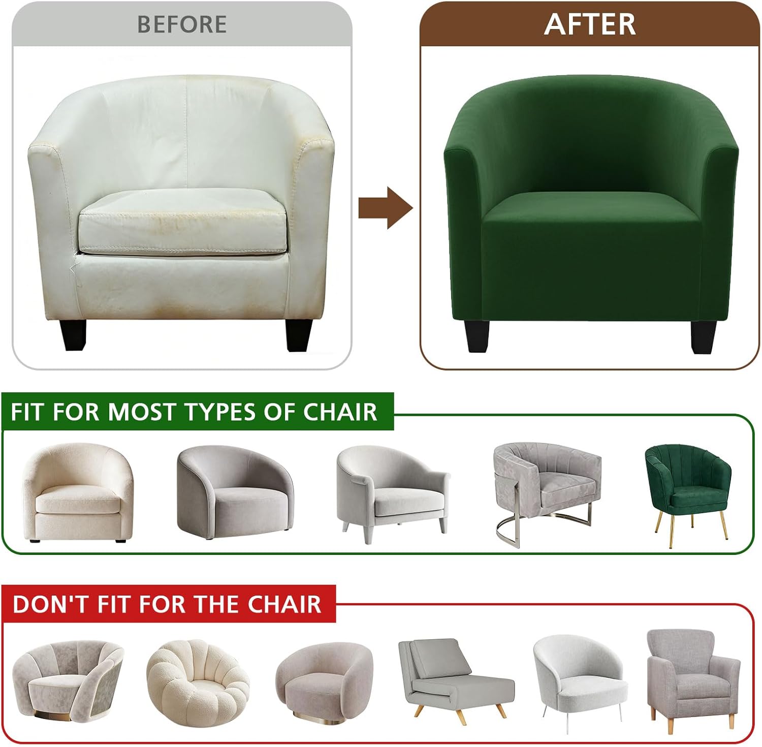 NICEEC Green Club Chair Cover Spandex Stretch Barrel Chair Slipcovers Water Repellent Tub Chair Slipcover Soft Accent Armchair Cover Removable Furniture Protector for Living Room