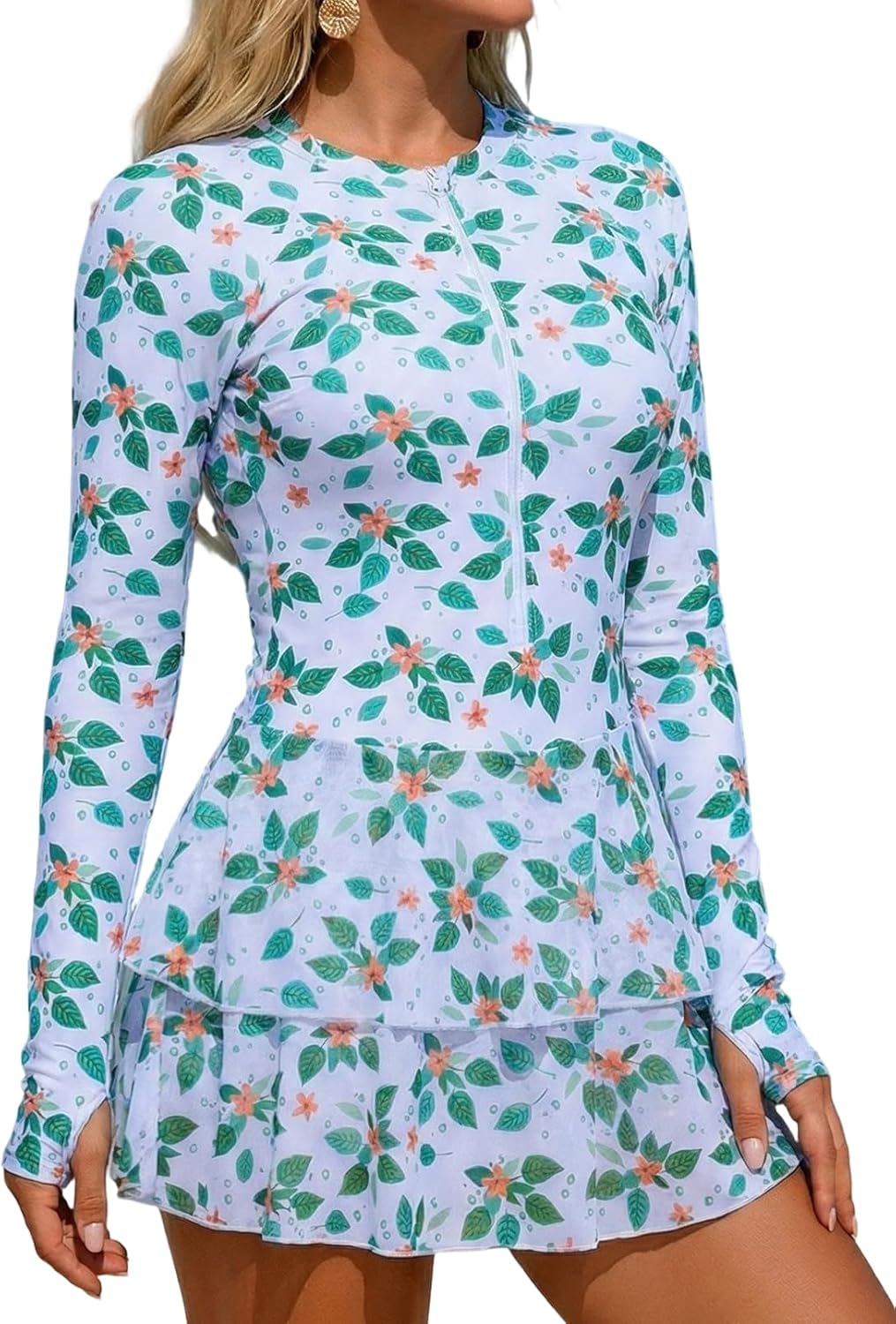 SEAUE Women's Long Sleeve Floral Swim Dress Rash Guard One Piece Skirted Bathing Suit UPF 50+ with Thumb Holes