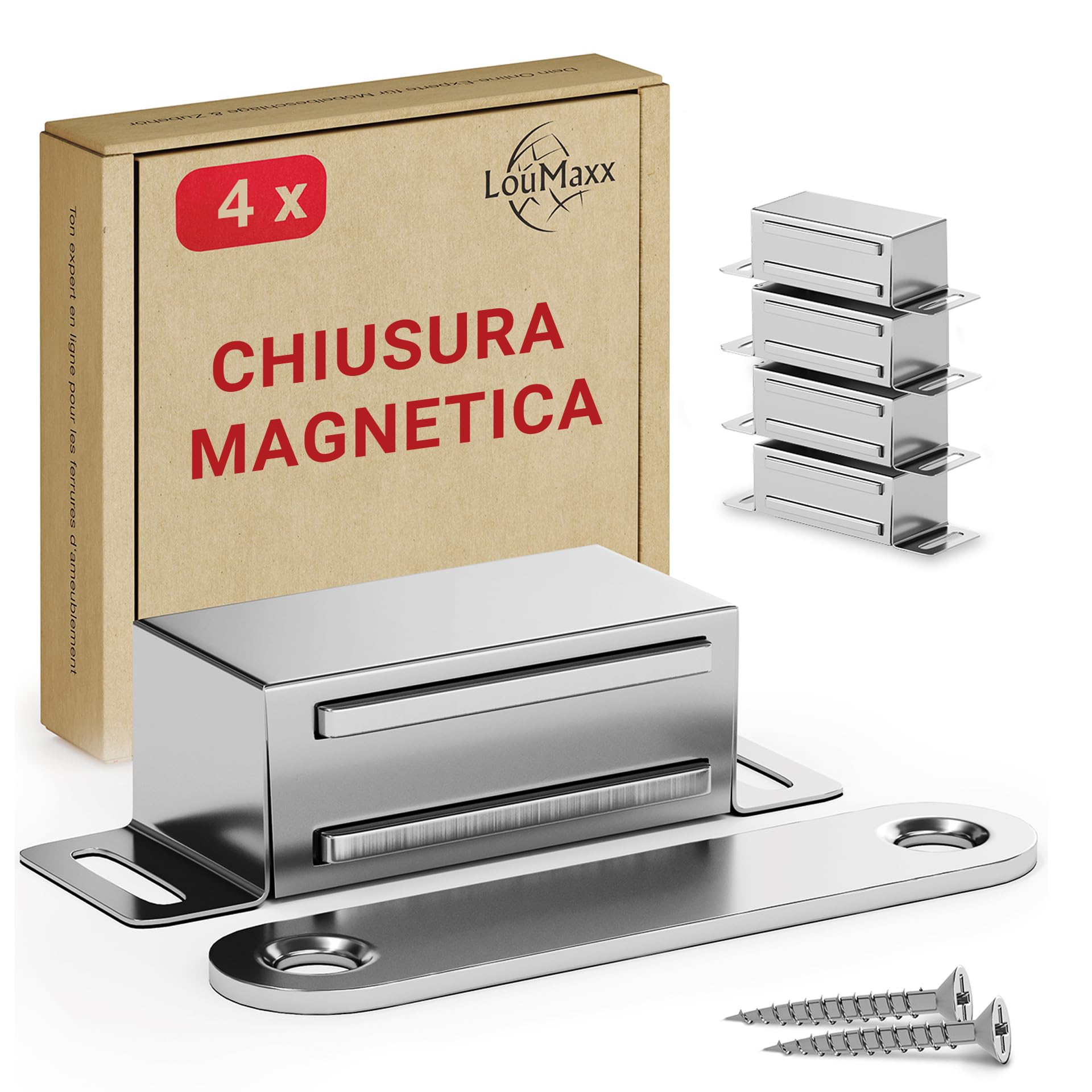 LouMaxx Chiusura Magnetica Ante Forte - Forza di Tenuta 6kg - Set di 4 in Acciaio Inox – Calamita Chiusura Mobili – Chiusura Porta Magnetica – Chiusure Magnetiche Sportelli, presa salda