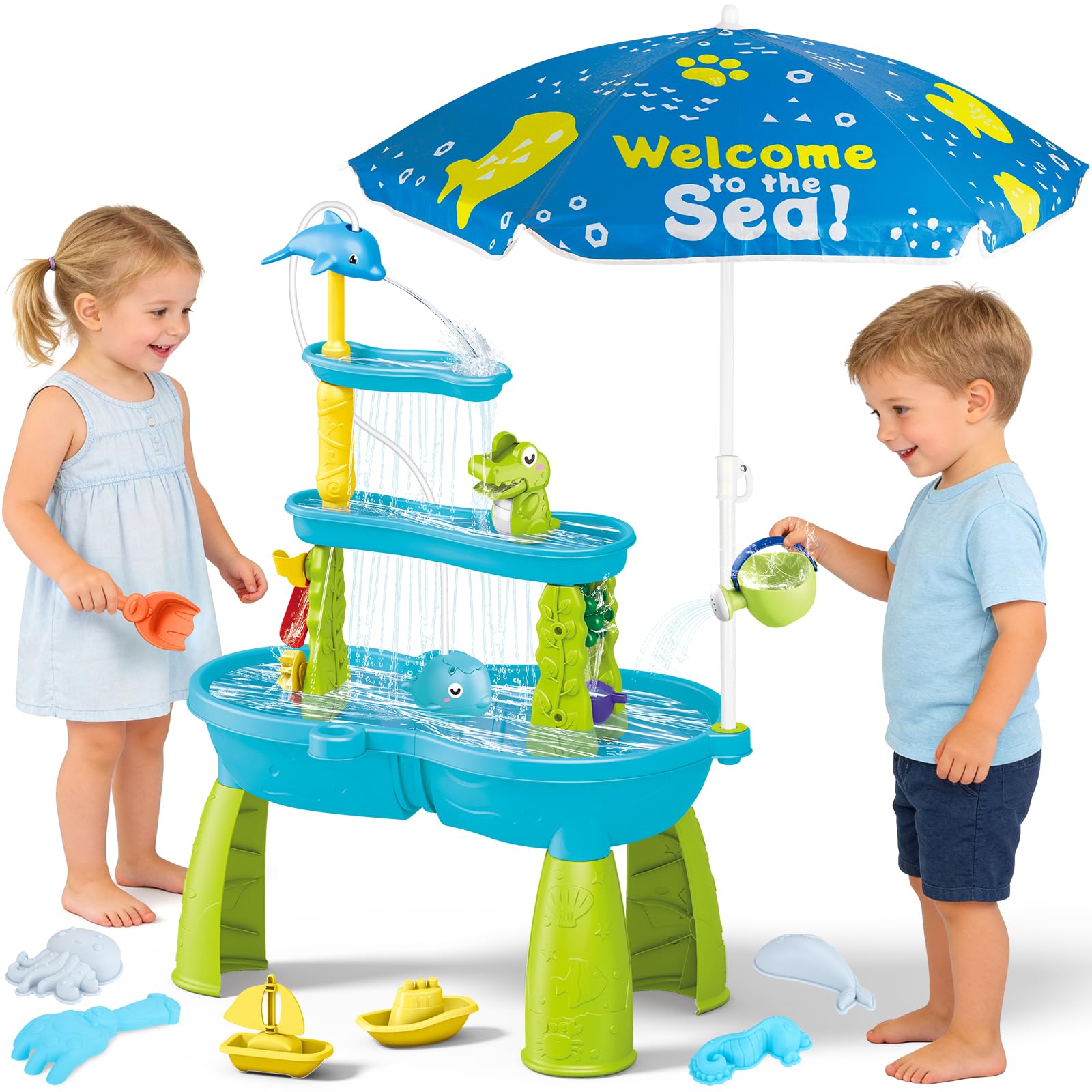 deAO 3-Tier Sand and Water Table with Pump and Adjustable Umbrella, Outdoor Water Play Table with Beach Accessories, Sensory Activity Table Garden Summer Toys for Toddlers & Kids Ages 3+