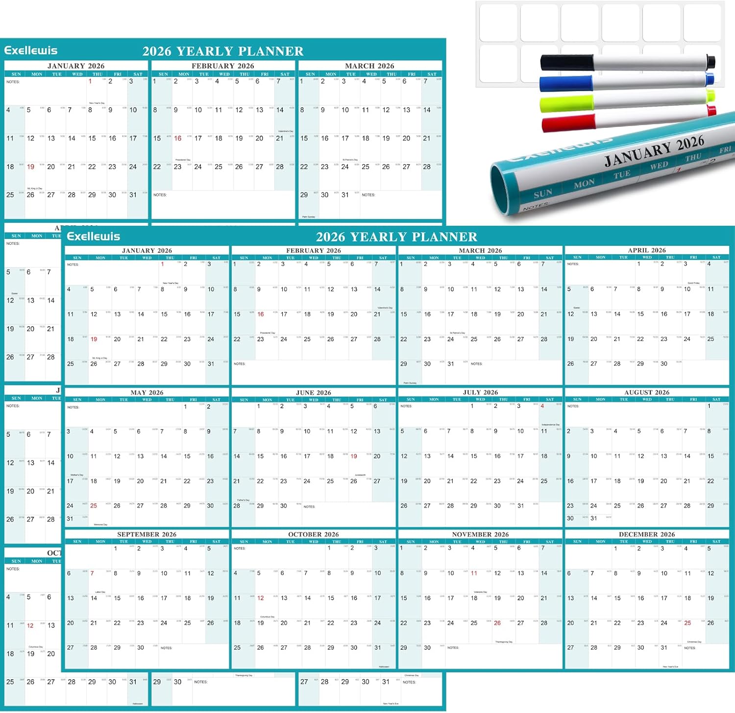Exellewis 32" x 48" Wall Calendar 2026 - Erasable