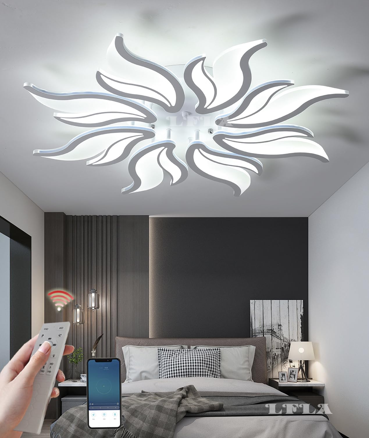 LFLA Modern LED Ceiling Light Dimmable Large Living Room Lamp Geometric Design with Remote Control & Memory Function Ceiling Lighting Bedroom Dining Room Eye Care Ceiling Lamp (White, 8 Heads-70W)