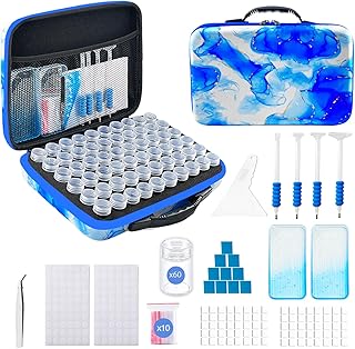 Diamond Art Storage Containers with Dot Drill Tools,60 Slots Bead Organizer Case for 5D DIY Art Kits, Portable Craft Box for Diamond Painting Accessories (Blue)