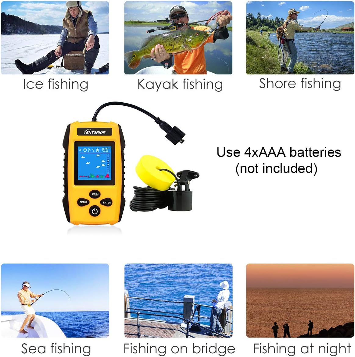 Venterior Portable Fish Finder Ice Kayak Fishing Gear Depth Finder with LCD Display and Sonar Transducer: GPS & Navigation