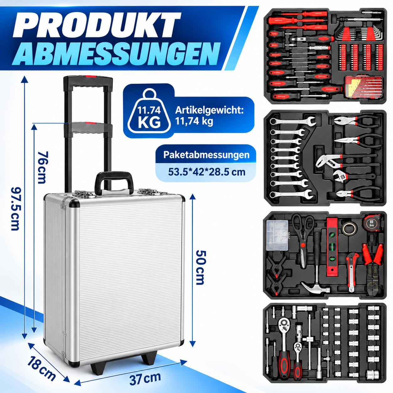 Werkzeugkoffer gefüllt Werkzeug-Set Aluminiumkoffer Rollkoffer Werkzeugkasten