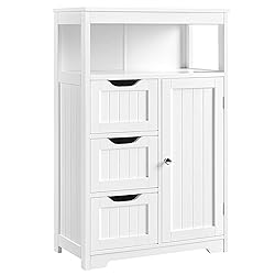 Yaheetech Bathroom Floor Cabinet Wooden Storage Organizer with 1 Door and 3 Drawers, Free-Standing Cupboard for Kitchen/Living Room/Bathroom Use, White