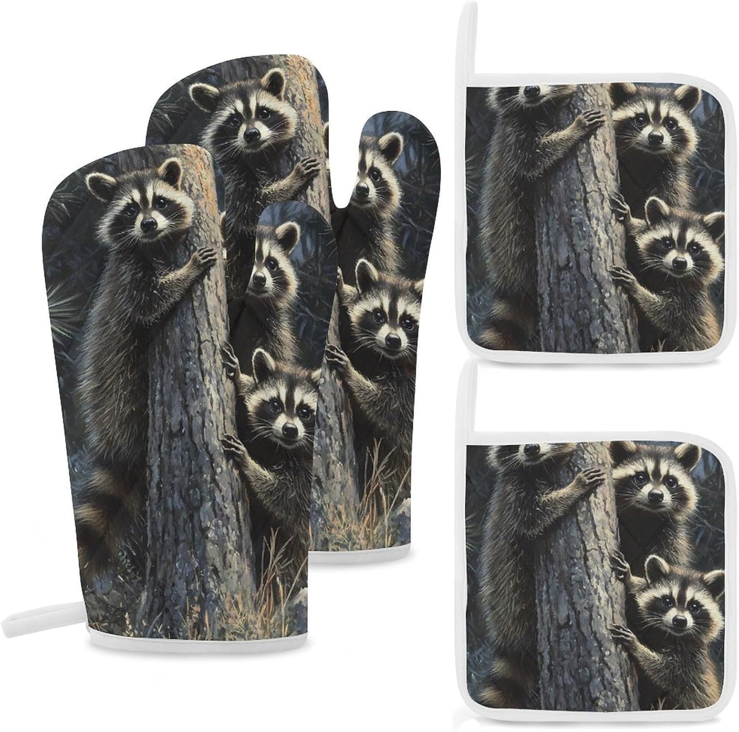 Raccoons Hugging A Tree Trunk Oven Mitts and Pot Holders 4Pcs Set Heat Resistant Cooking Mitts Hot Pads