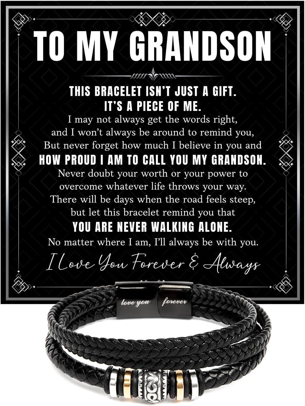 To My Grandson Love You Forever Bracelet From Grandparent With Heartfelt Message & Elegant Box, Gift For Son From Grandma & Grandpa On Graduation, Birthday, Wedding, Christmas & More