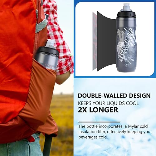 Miniatura 6 de BOLANY Botella de agua para bicicleta de doble pared, 22 onzas, botella de agua deportiva con tapa fácil de abrir para empujartirar de silicona PP5