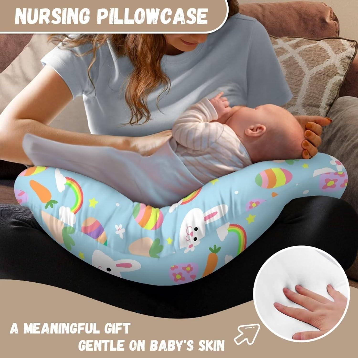 Rabbits Nursing Pillow Cover Slipcover, Breastfeeding Newborn Infant Feeding Cushion Cover Pillow Slipcovers for Breastfeeding Moms Easter