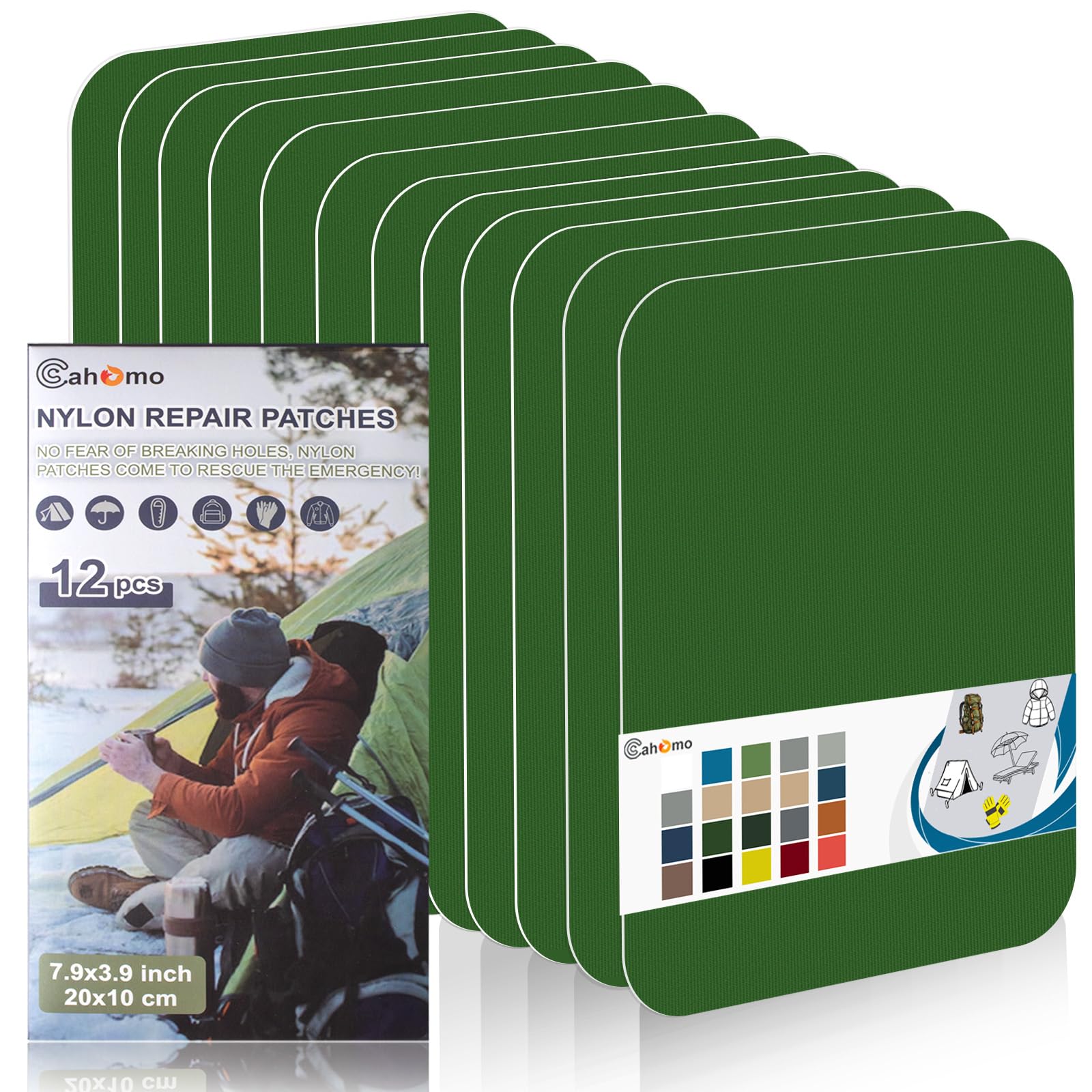Nylon Repair Patches 20x10 cm 12 pcs Nylon Repair Tape Nylon Fabric Patch Self Adhesive Outdoor Camping Gear Nylon Repair Kit for Tent, Umbrella, Down Jackets, Sleeping Bag, Knapsack （Grass Green）