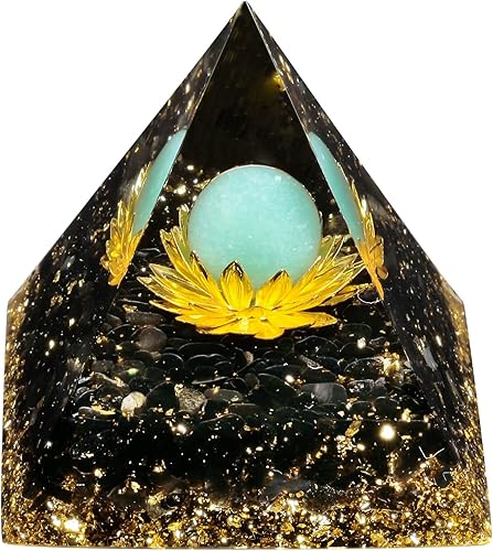 Rockcloud Esfera de piedra de cristal de pirámide de orgón en base de loto generador de energía para meditación de equilibrio de chakras, aventurina