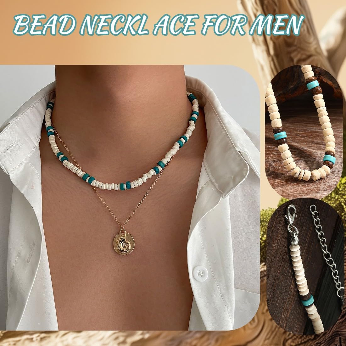 1 Pcs Collana E Bracciale Di Perle, Surf Collana Con Perle Di Cocco Fatti A Mano, Beach Gioielli Da Uomo, Collana Da Surfista Da Uomo, Catena Di Legno Perline Impermeabili, Collana Da Spiaggia