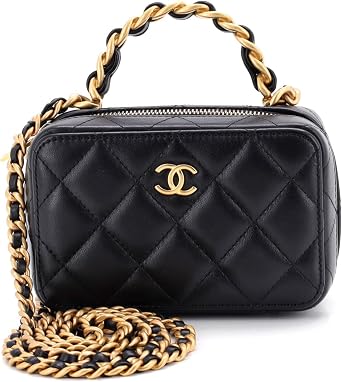 Pre-Loved CC Chain Handle Zip Around Vanity Case with Chain Quilted Lambskin Mini, Black