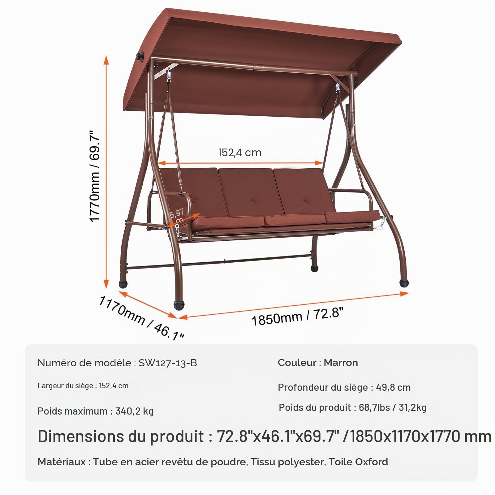 VEVOR Balancelle de terrasse 3 Places, balançoire Convertible avec auvent réglable de Porche extérieur, avec Coussin épais Amovible, Cadre en Acier allié, pour Balcon, Jardin, Bord de Piscine, Marron