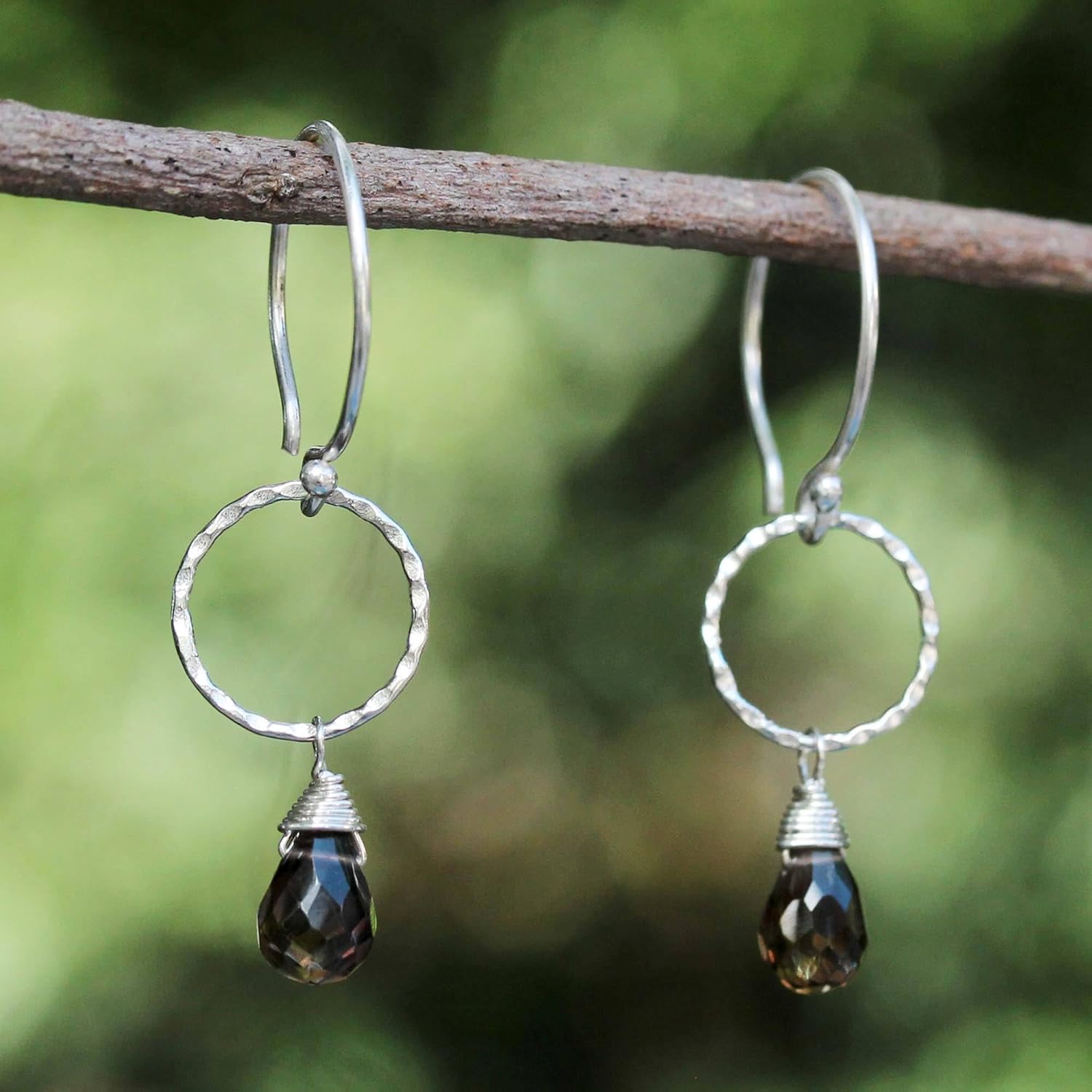 NOVICA Artisan Handcrafted Smoky Quartz Dangle Earrings Sterling Silver Brown Thailand [1.4 in L x 0.5 in W] ' Mystic Solo'