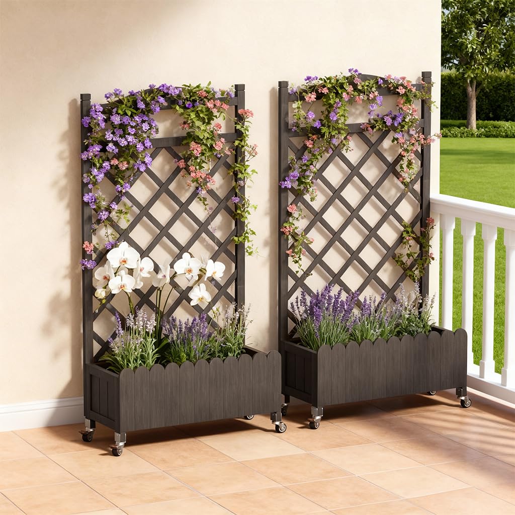 COMHOMA 2 Pack Planter Box with Trellis and Wheels