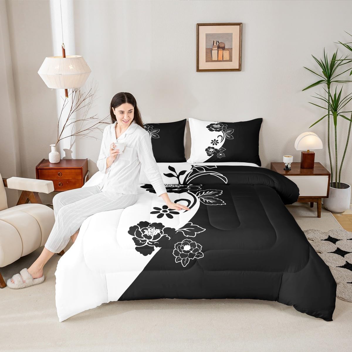 Modern Floral Comforter Set Queen Size,Black and White Bedding Set for Kids Boys Girls Bedroom Decoration,Creative Abstract Flowers Bed Duvet Insert,Yin and Yang Comforter with 2 Pillowcase