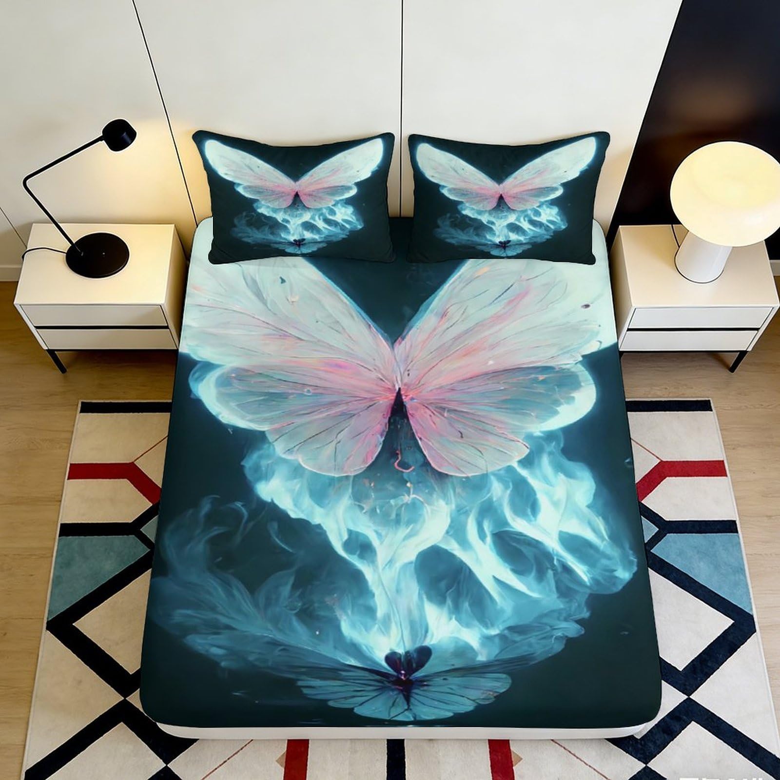 Decorative Butterfly Fitted Sheet, 3D Printed Soft Touch Microfiber, Bed Sheet for Bedroom, Anti-Slip, Easy Care, Apartment Bedding, Stylish Accent, 115 chars 90x200x25cm