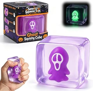 Squishy Cube, Glow in The Dark Squishy Ghost Stress Cube, Sensory Squeeze Fidget Toys for Anxiety Relief, Halloween Party Favors for Adults, Birthday Gifts