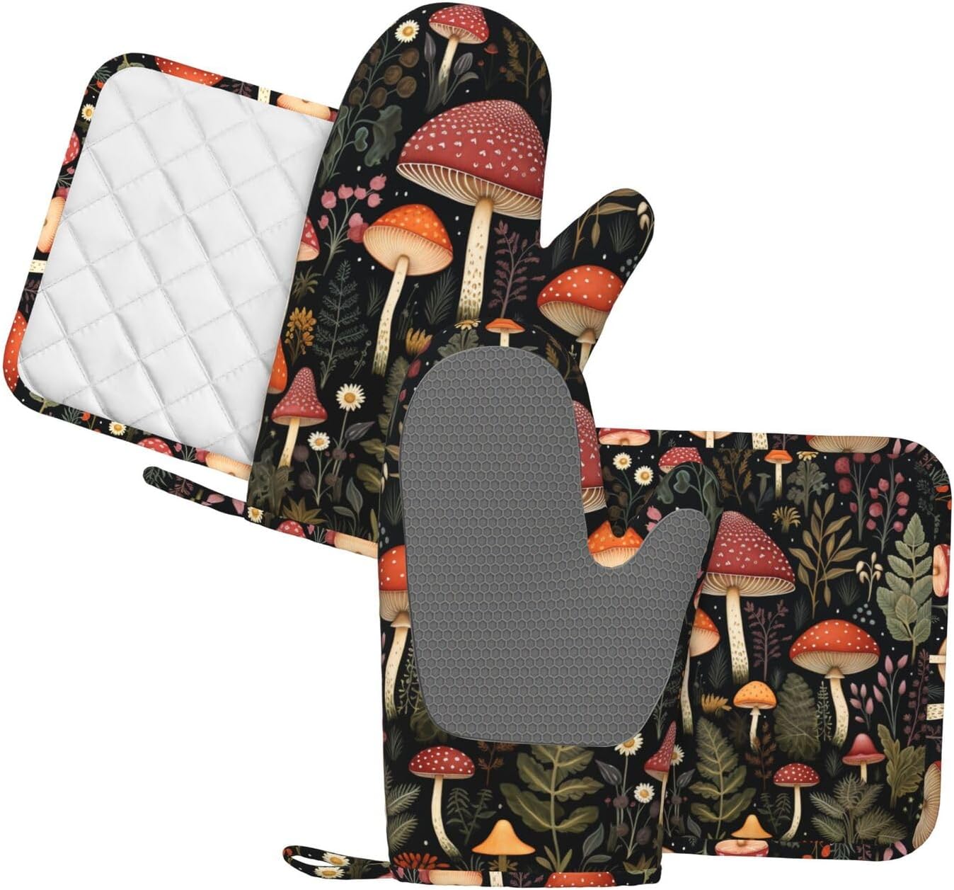 Oven Mitts and Pot Holders Mushroom Botanical Leaf Vintage Silicone Kitchen Accessories Set of 4 Heat Resistant Long Gloves Potholder Non-Slip Grip for Chef Cooking Baking Grilling BBQ