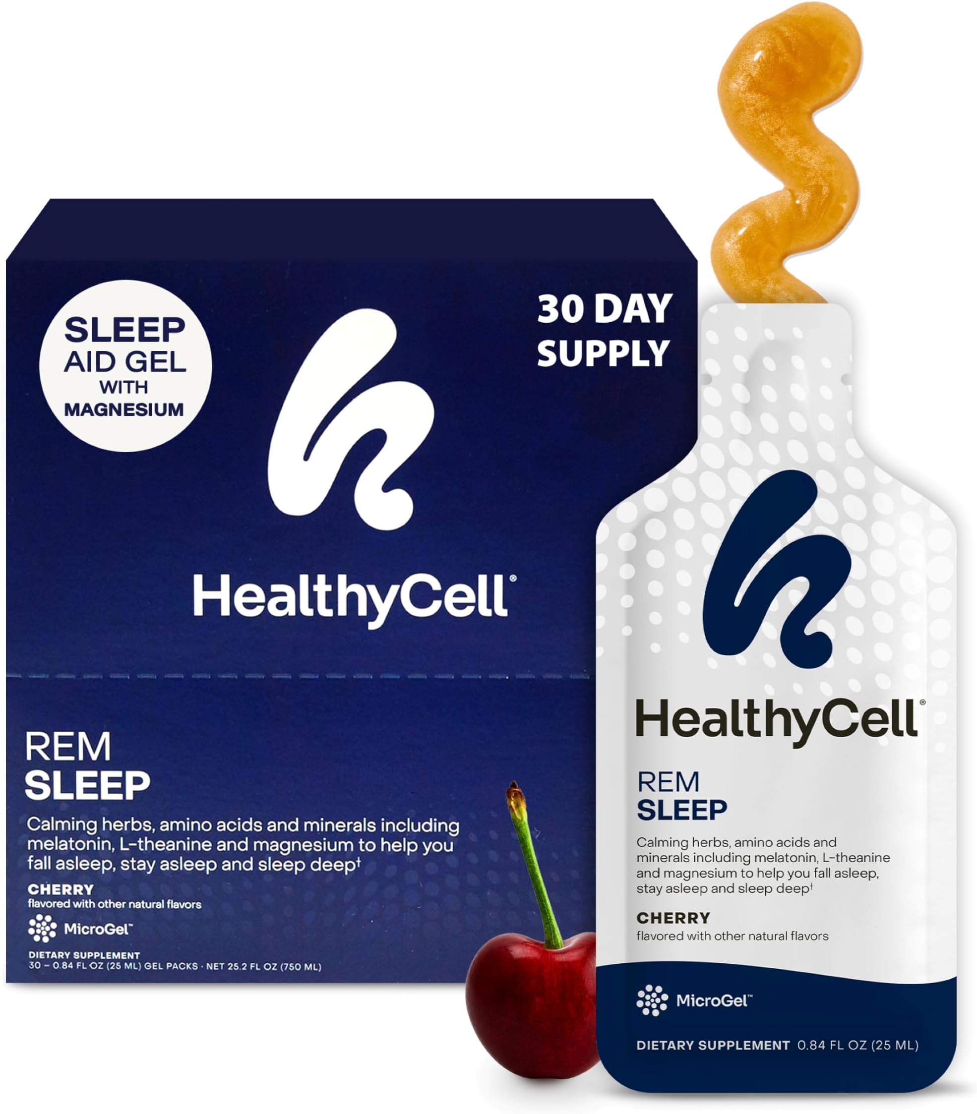Healthycell REM Sleep Aid Supplement for Adults - Liquid Gel Extra Strength Sleep Supplement with Melatonin, Magnesium, L-Theanine, GABA & Natural Calming Herbs - 30 Gel Packs, Cherry Flavored