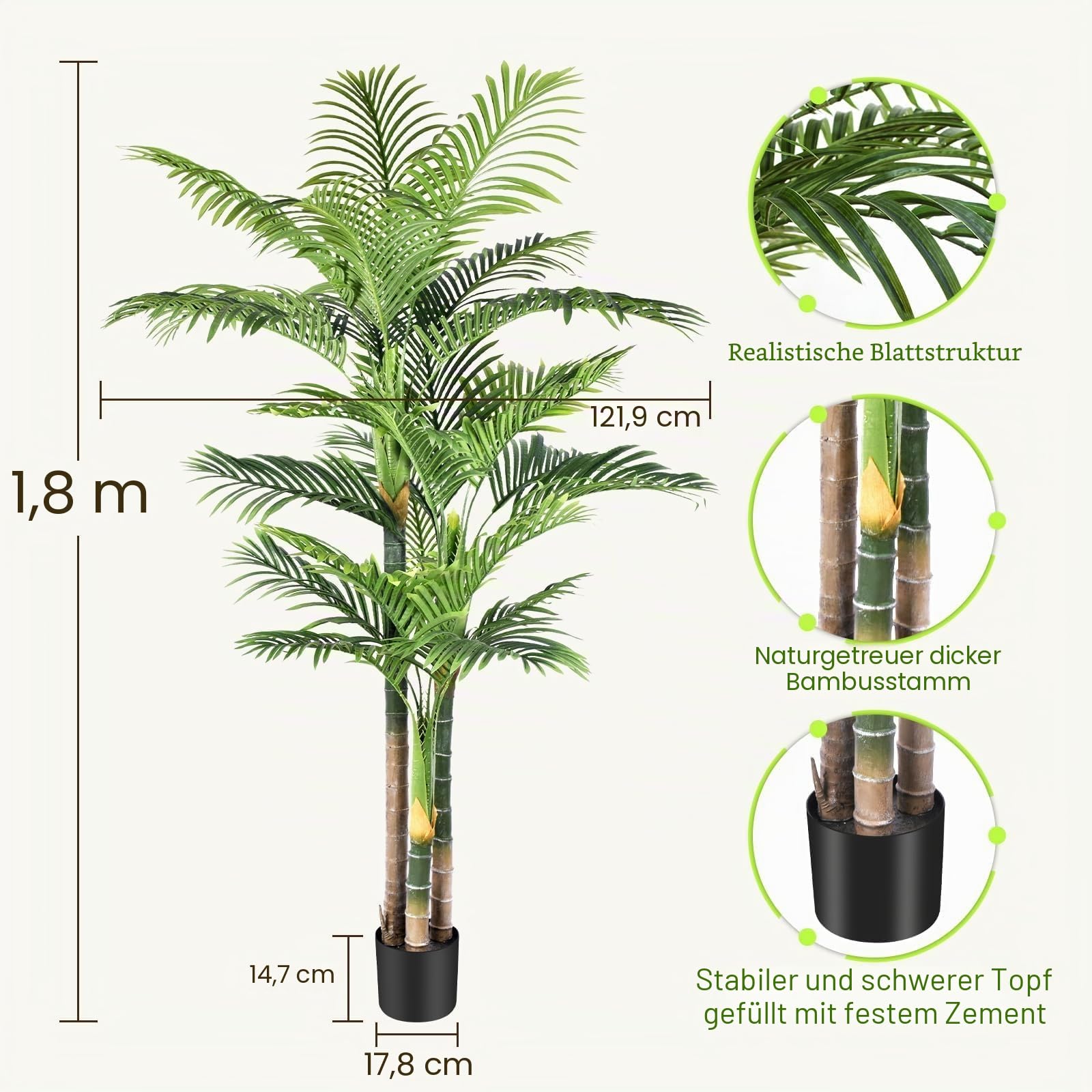 Künstliche Goldene Palme 180cm kunstpflanzen groß wie echt, UV-beständig kunstbaum groß, Kunstpalme für Haus Wohnzimmer Schlafzimmer Büro Balkon Garten Decor Künstliche Pflanzen (1 Stück)