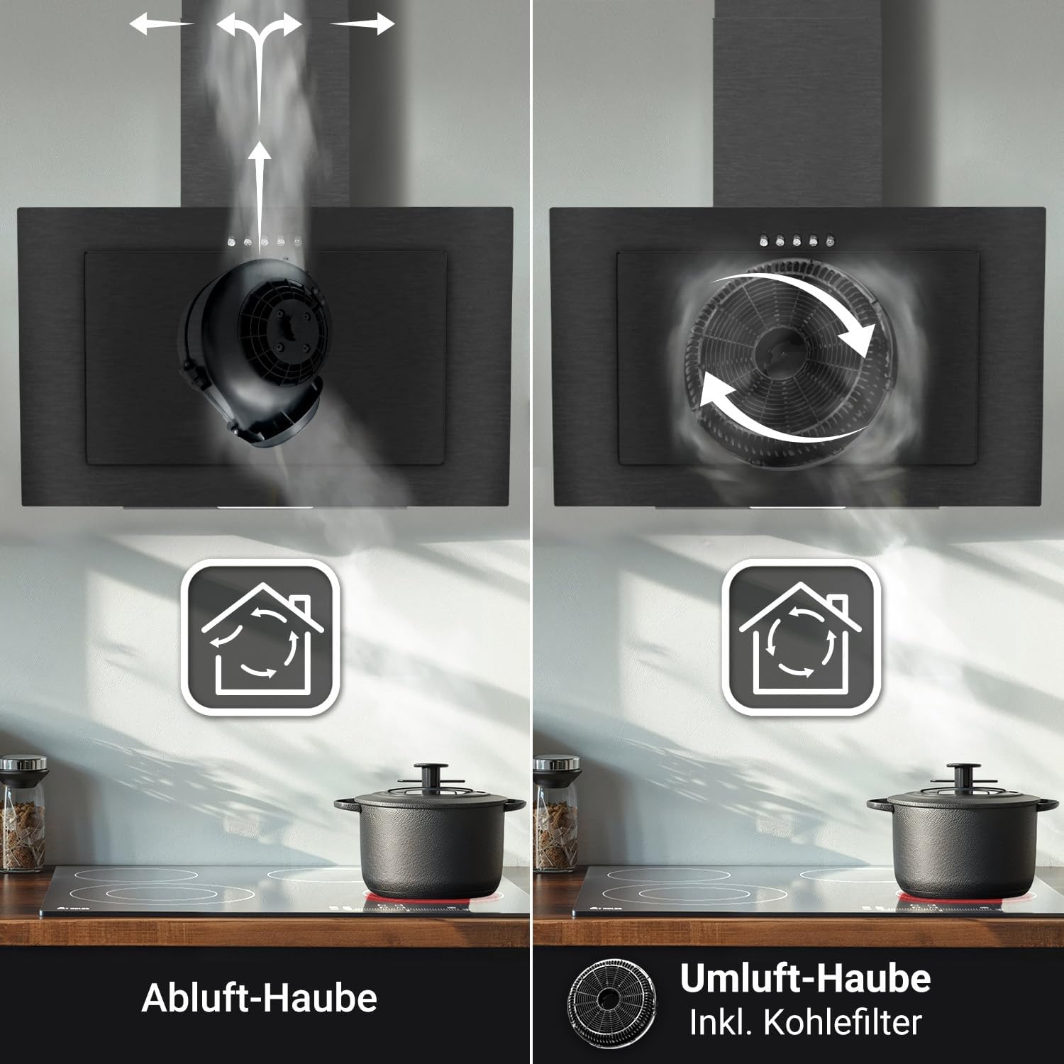 Diagramma che mostra 3 livelli di potenza e l'estrazione dell'aria nella cappa aspirante KKT KOLBE VTH6004S
