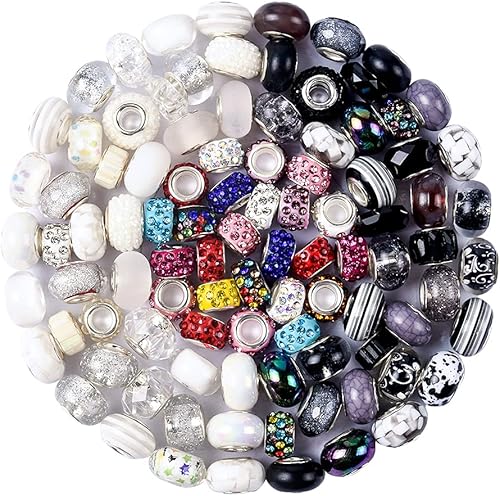 Aipridy Surtido de cuentas europeas de agujeros grandes, cuentas espaciadoras de diamantes de imitación para manualidades, dijes, pulseras y Negro y