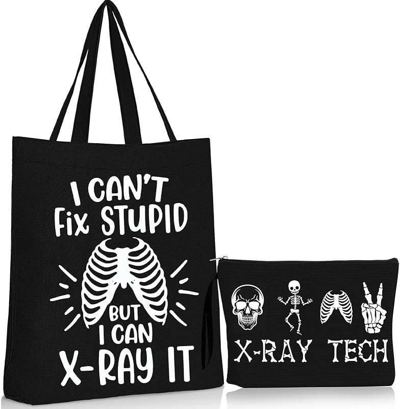Sieral Conjunto com 2 Bolsas de Lona com Estampa de Raio X, Bolsa Tote e Necessaire com Zíper, Brancas