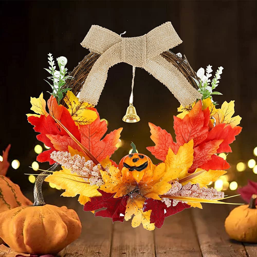 Decoración de otoño, 35 cm Calabaza Baya Hoja de Arce Puerta de otoño Guirnalda de Pared Adorno Guirnalda Día de Acción de Gracias de Halloween Decoraciones de Ventana de otoño con una Campana