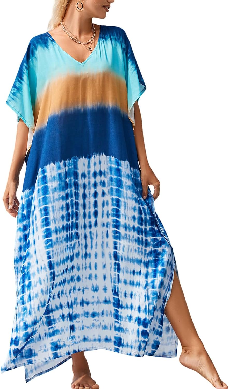 IMAGEKOPE Kaftan Dresses for Women Plus Size Bathing Suit Cover up Vneck Batwing Dress Loose fit Moroccan Caftan mumu Dresses