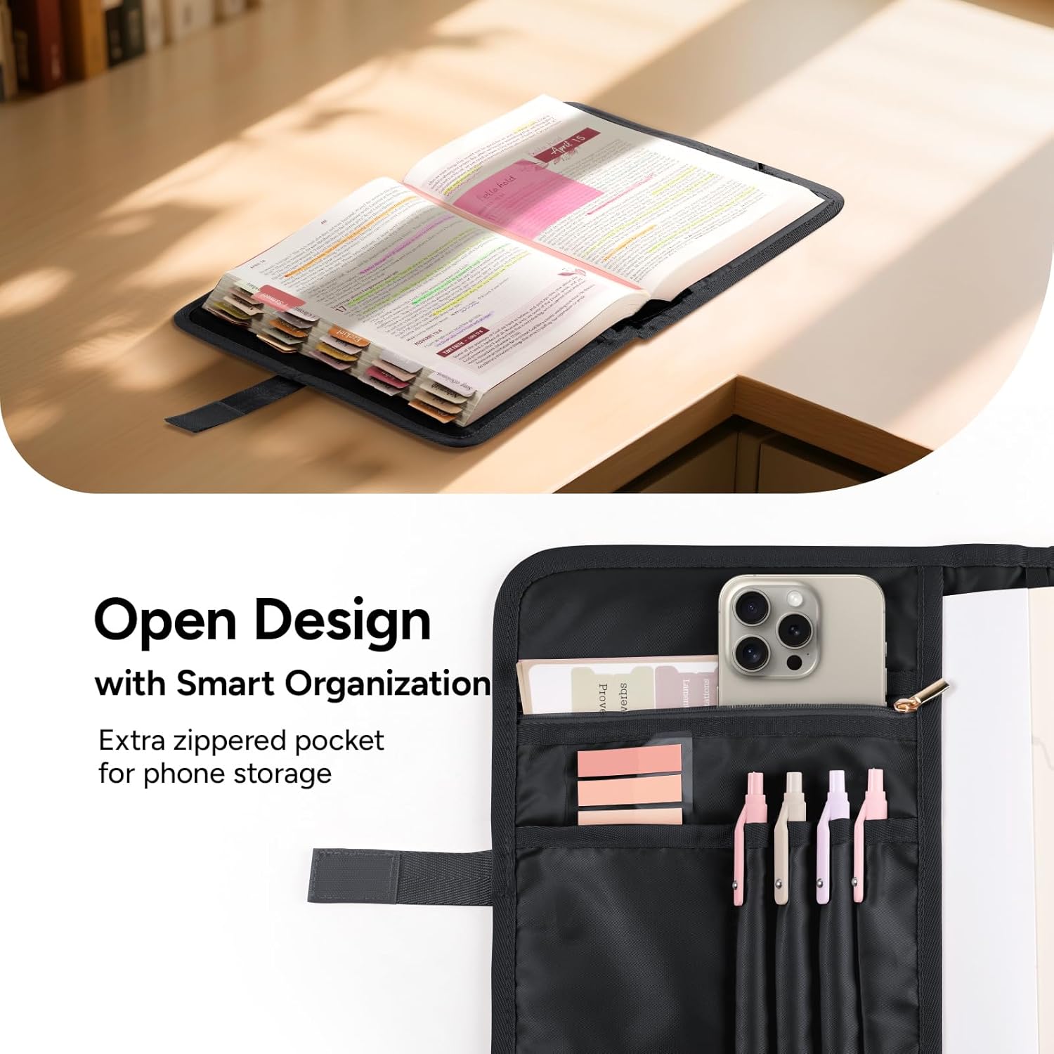 Adjustable Bible Cover with 75 Bible Tabs - Bible Cover Case for Women，Waterproof, Washable Quilted Bible Case，Reusable Christian Gifts for Women (Black, TS)