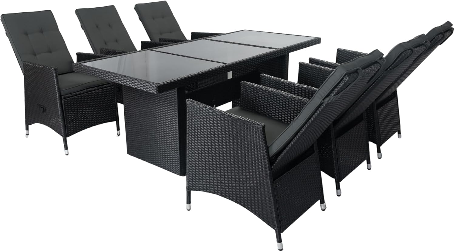 Farmhouse 7 Piece Outdoor Patio Wicker Dining Table Set with Adjustable Backrest and Cushions,for Porch Lawn Garden Backyard Poolside (Black@Adjustable)