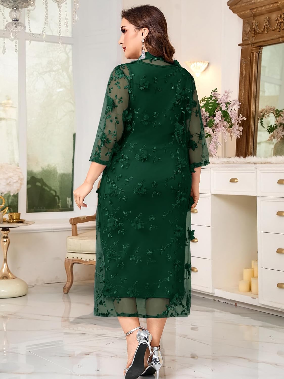Plus Size Mother of the Bride Dress Set 2 Piece Formal Wedding Guest Outfit with 3D Floral Mesh Jacket image 3