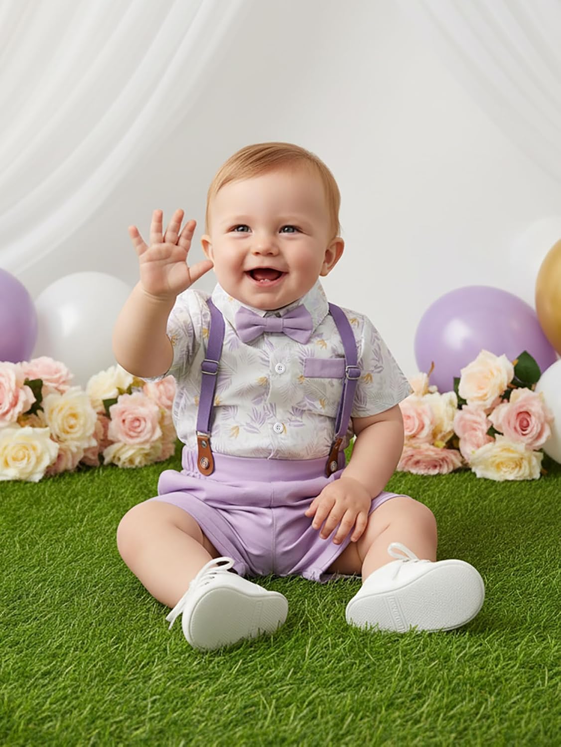 Boarnseorl Baby Boys Shorts Sets, Infant Shirt+Shorts+Bow Tie+Suspenders Outfits Suits