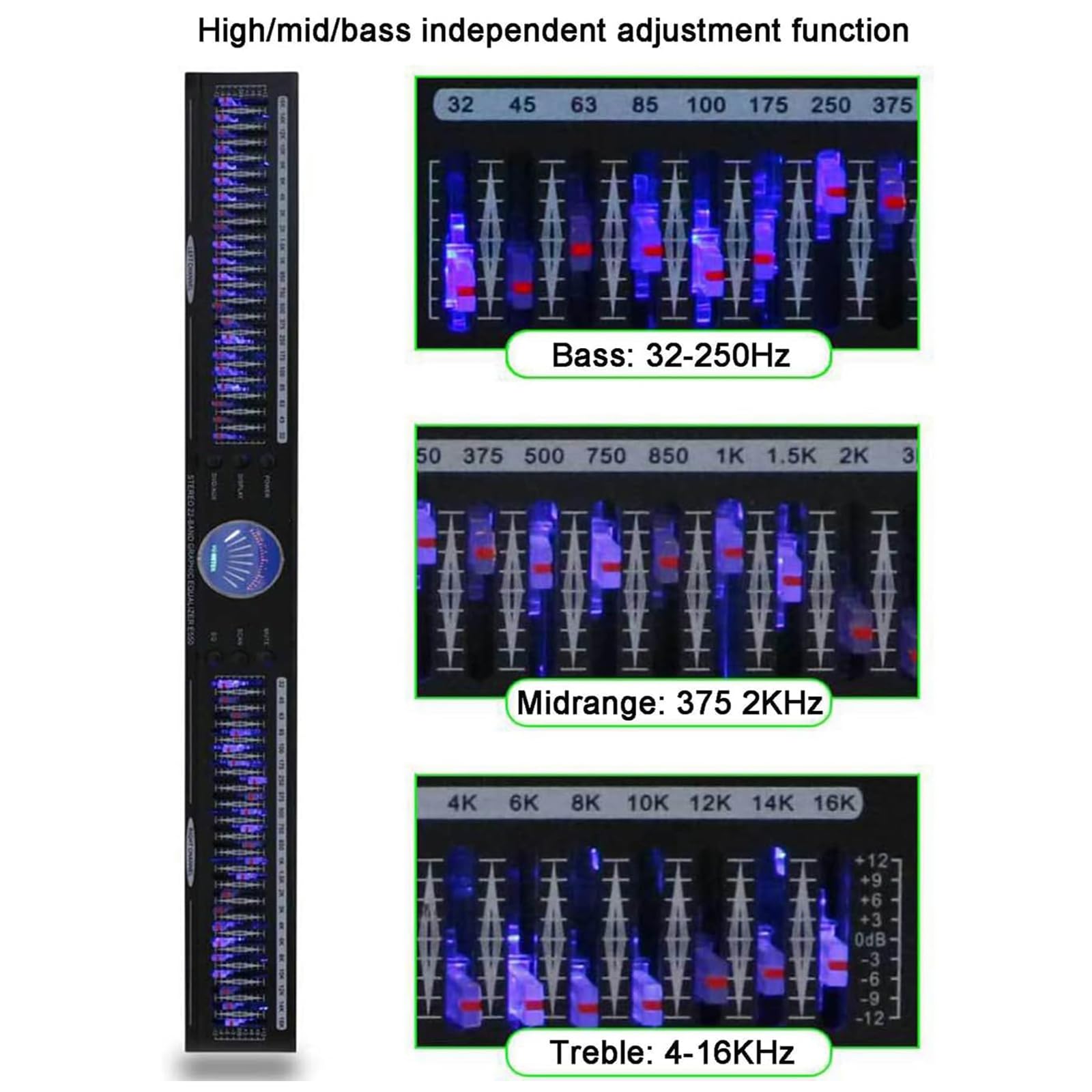 Dsp Audio Equalizer, 22-pasmowy korektor graficzny stereo z automatyczną redukcją szumów, 10 zaprogramowanych efektów do domowego audio i studia nagrań, wciągające wrażenia dźwiękowe