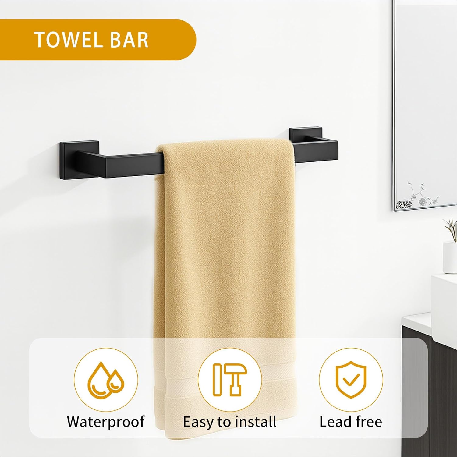 5-Piece Matte Black Bathroom Hardware Accessories Set - 16 Inch Stainless Steel Wall Mounted Towel Rack, Toilet Paper Holder, Towel Ring & 2 Hooks, Bathroom Organizer and Storage