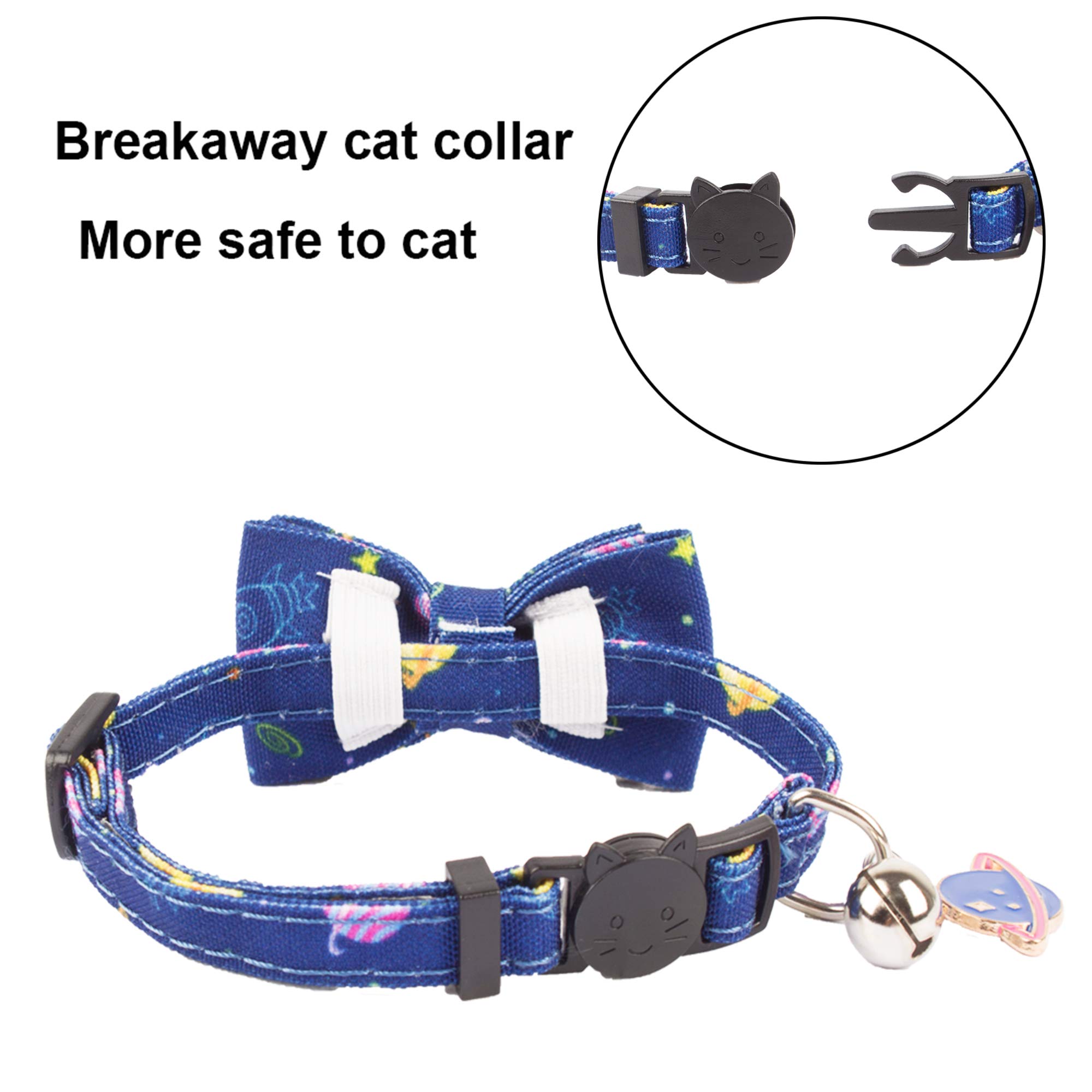 ADOGGYGO Collar de gato con bonita campana de pajarita – Paquete de 2 collares de gatito con pajarita extraíble con patrón de dinosaurio del universo para gato gatito gatito (dinosaurio y universo)