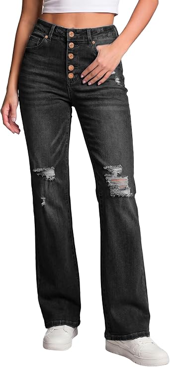 LookbookStore Bell Bottom Jeans for Women High Waisted Ripped Flare Pants
