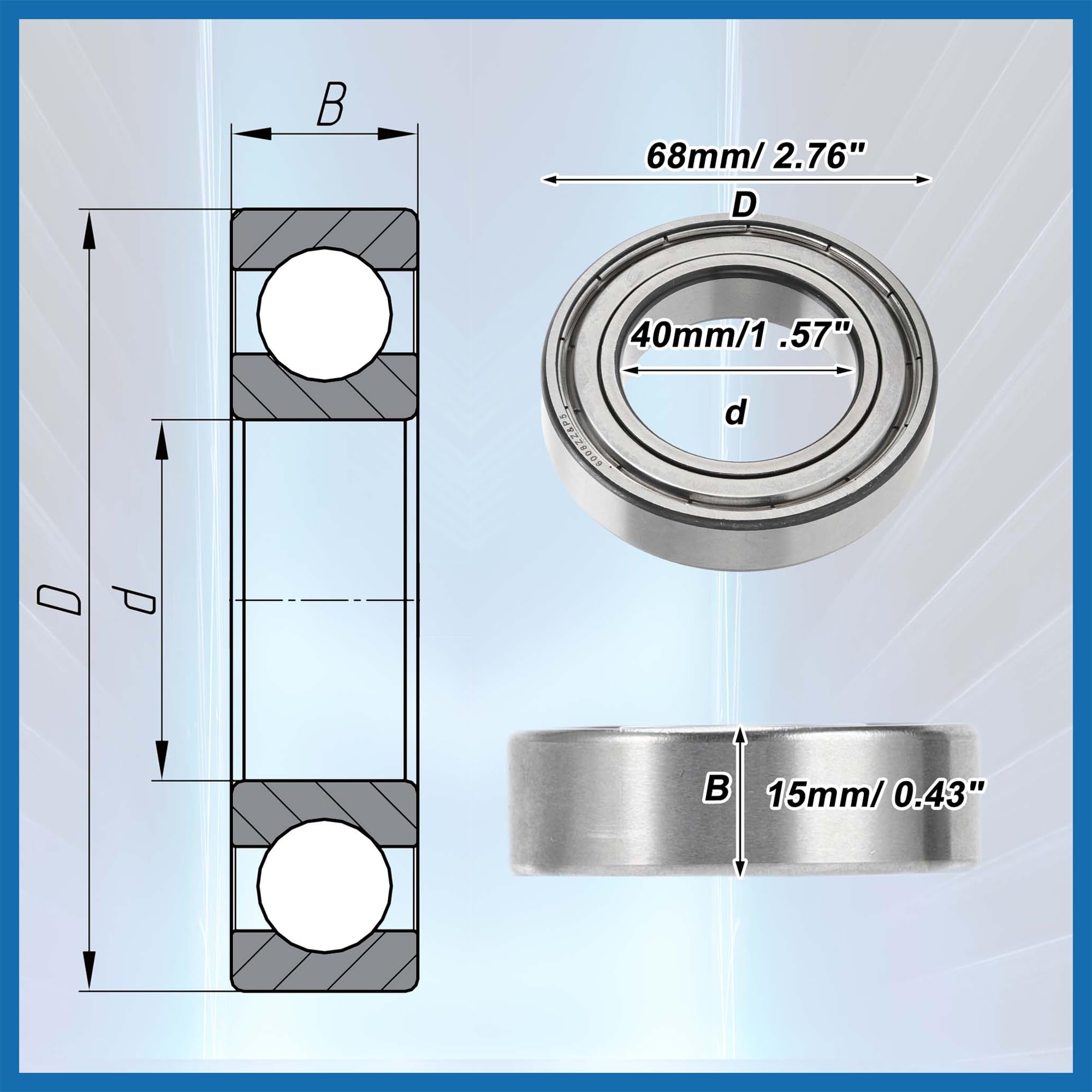 A ABSOPRO Roulements à Billes à Gorge Profonde 6008ZZ P5 40x68x15mm Lubrifiés Double Joint Métallique Tonalité Argent Roue de Trottinette Skateboard - Lot de 2